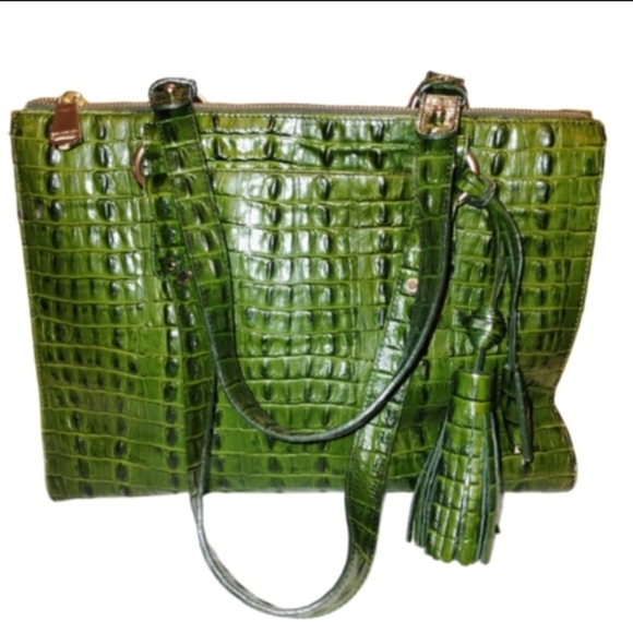 Brahmin Green Crocodile Embossed Women's Bag LG Good Condition - Picture 1 of 8